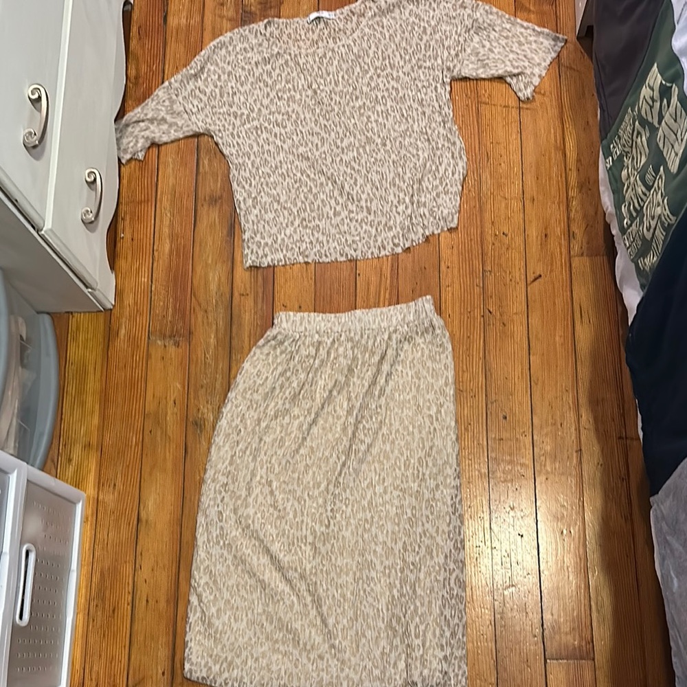 Leopard Print Beige Skirt + Shirt